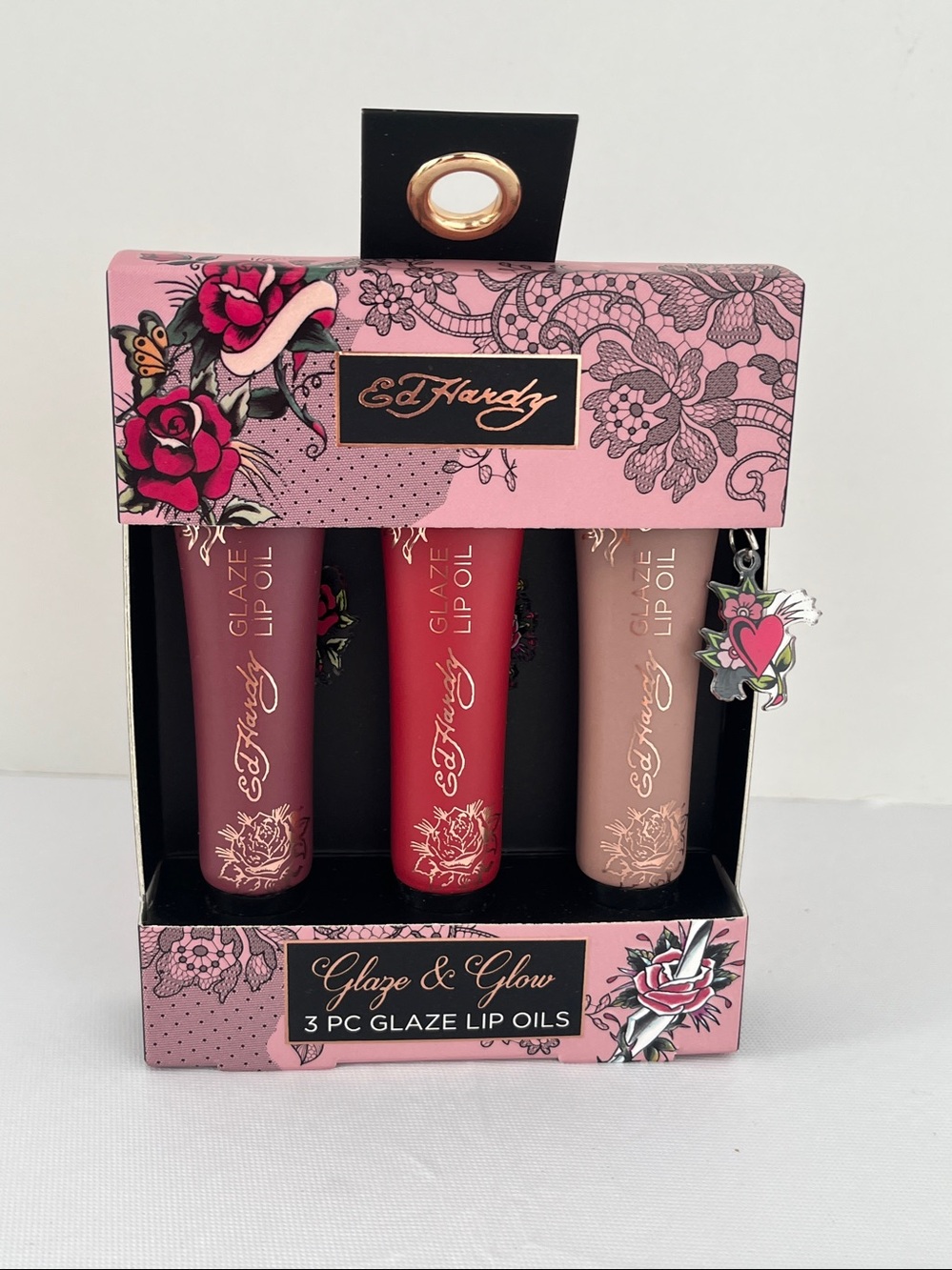 Ed Hardy Glaze & Glow 3-Piece Lip Oil Set iconic tattoo graphics w/charms NWT